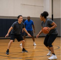 adults playing basketball