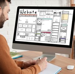 man in front of a computer and the computer screen has a drawing of a website layout