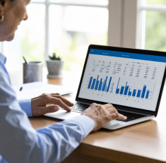 an older woman with a computer in front of her that has an Excel document on it