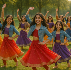 young girls dancing with traditional Indian clothing on
