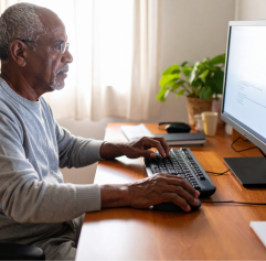 an older man in front of a computer taking notes