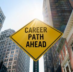 yellow street sign that says 'career path ahead'