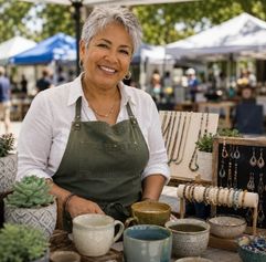 a woman at her pottery booth at the framer's market AI generated