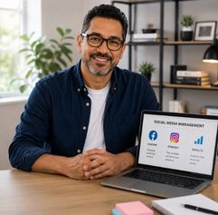 middle aged man at a desk showing his computer as a social media manager