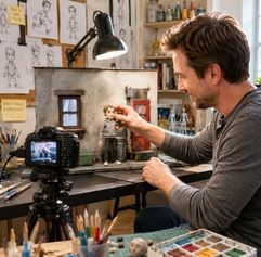 an adult working on a stop motion scene with camera AI generated image