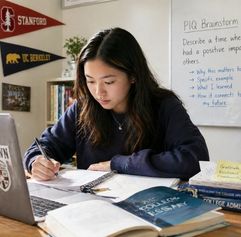 young girl at a desk with a computer in front of her writing down notes AI generated image