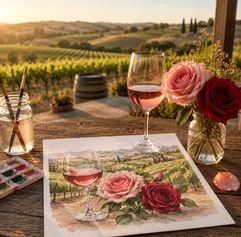 an outdoor winery with a wine glass and a watercolor painting of wine and roses and a watercolor palette AI generated image