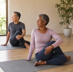 two older adults doing yoga
